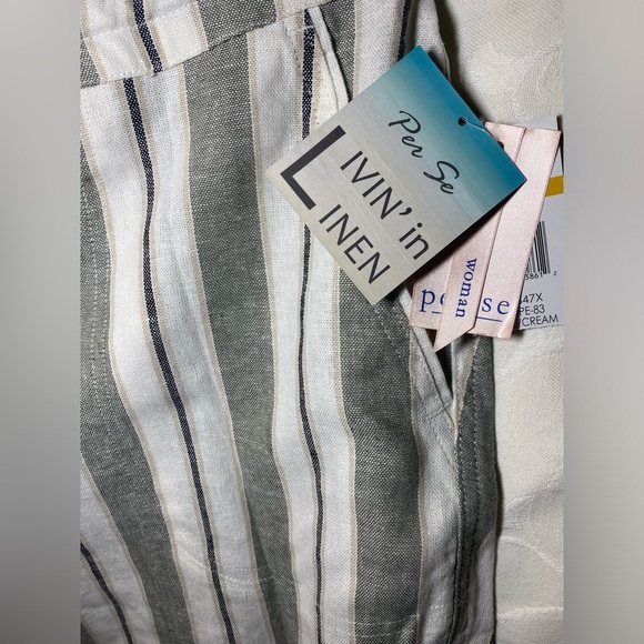 NWT Per Se Sage Green and Cream Striped Linen Drawstring Shorts - Picture 7 of 15